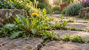 Mauvaises herbes sur une terrasse : astuce naturelle pour s’en débarrasser