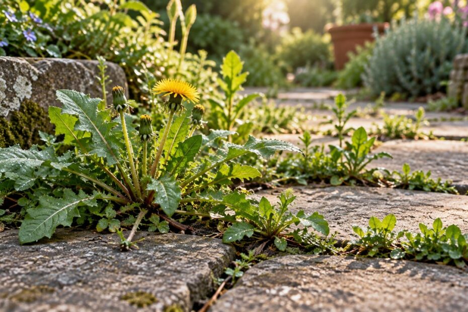 Mauvaises herbes sur une terrasse : astuce naturelle pour s’en débarrasser